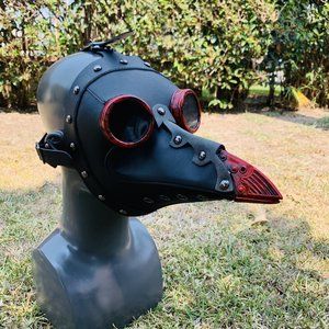Black Leather Plague Doctor w/ Red Goggles Beak Masquerade Venetian Party Mask
